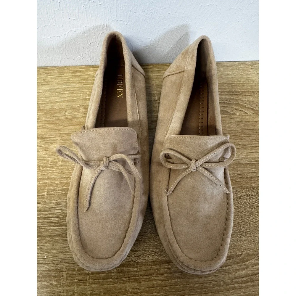 Sand Faux Suede Driving Moccasin Loafers Car Shoes Bow Slip On Flats NIB Sz 8